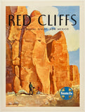 Vintage-style advertisement for Red Cliffs in Continental Divide, New Mexico, featuring a couple and child near large rock formations.