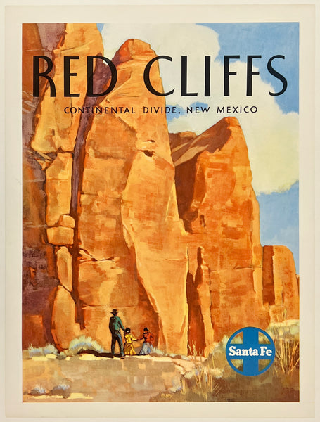 Vintage-style advertisement for Red Cliffs in Continental Divide, New Mexico, featuring a couple and child near large rock formations.