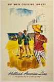 Original vintage ULTIMATE CRUISING LUXURY linen backed travel and tourism cruise ship expedition poster plakat affiche by artist Rien Poortvliet, circa 1960.