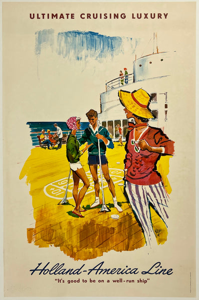 Original vintage ULTIMATE CRUISING LUXURY linen backed travel and tourism cruise ship expedition poster plakat affiche by artist Rien Poortvliet, circa 1960.