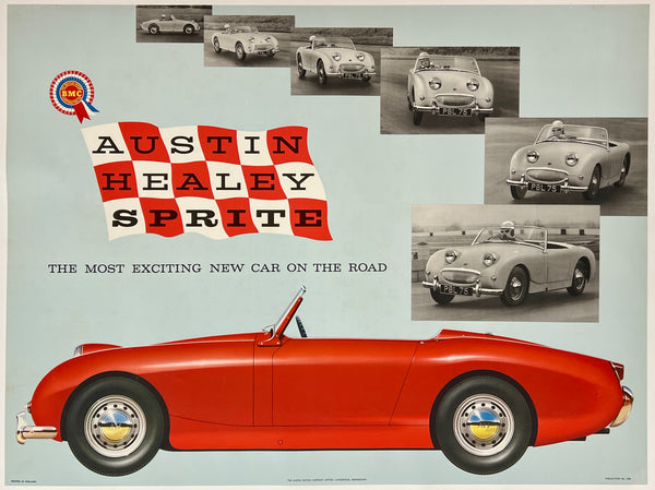 Vintage advertisement for Austin Healey Sprite with a red car and collage of images.
