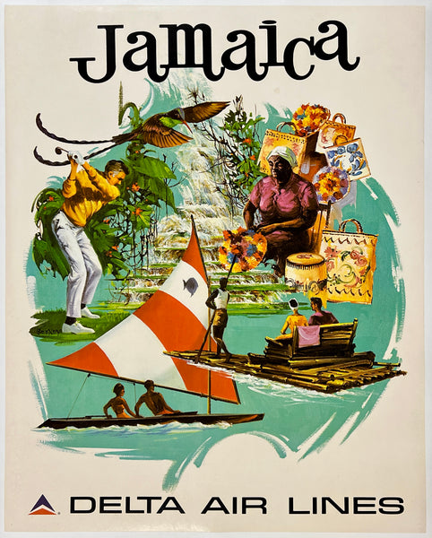 Original vintage Jamaica - Delta Air Lines linen backed airline travel and tourism poster plakat affiche circa 1970s.