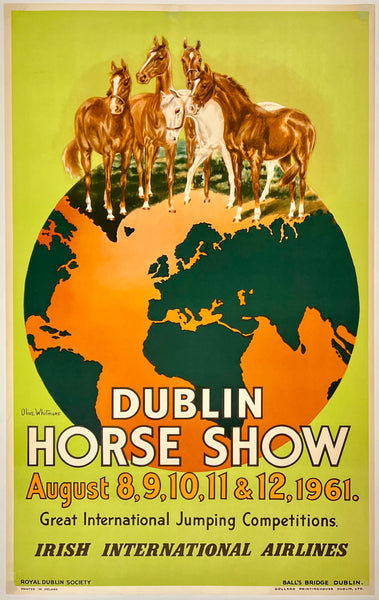 Original vintage Dublin Horse Show - Irish International Airlines - Aer Lingus linen backed airline travel and tourism poster by artist Olive Whitmore printed circa 1961.
