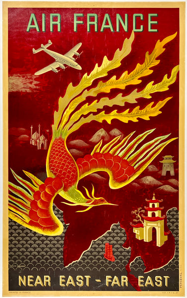 Beautiful authentic original vintage AIR FRANCE - NEAR EAST - FAR EAST linen backed airline travel and tourism poster plakat affiche by artist Lucien Boucher, printed by Perceval, Paris circa 1947.