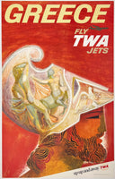 Original vintage Greece - Fly TWA Up Up And Away linen backed aviation travel and tourism poster by artist David Klein, featuring a Grecian warrior circa 1960s.