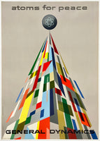 Poster with geometric design and text 'atoms for peace' and 'General Dynamics' on a beige background.