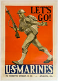 Vintage U.S. Marines recruitment poster with a soldier and text 'Let's Go!' on an orange background.