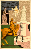 Artistic depiction of a person on horseback with classical statues and patterns in the background