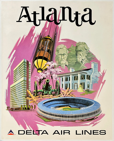 Original vintage Atlanta - Delta Air Lines linen backed airline travel and tourism poster plakat affiche circa 1970s.