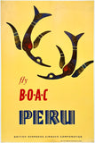 Rare authentic original vintage FLY BOAC - PERU - BRITISH OVERSEAS AIRWAS CORPORATION British Overseas Airways Corporation linen backed South American travel and tourism poster plakat affiche, circa 1960s.