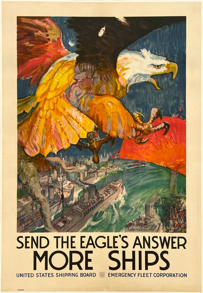 Vintage-style poster with an eagle and cityscape, featuring text about ships and the U.S. Shipping Board.