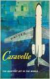 United Caravelle airplane poster with abstract blue background