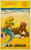 Vintage Air India travel poster featuring a mermaid and a man on a beach with 'Sydney' text.