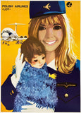 Vintage Polish Airlines LOT travel poster featuring a smiling air hostess in a blue uniform and hat holding a child wrapped in a blue fuzzy blanket, with a passenger airplane on a warm yellow background.