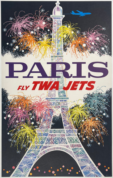 Authentic original vintage Paris - Fly TWA Jets linen backed French aviation travel and tourism poster plakat affiche by artist David Klein.