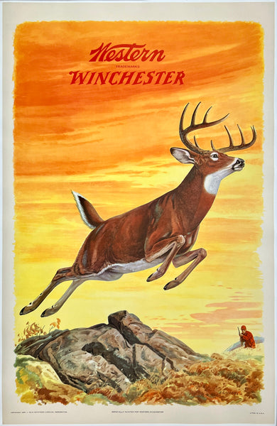 Original vintage Western Winchester deer buck hunting shotgun rifle linen backed advertising poster by artist J.G. Woods, circa 1955.