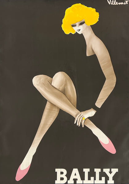 Artistic depiction of a woman with yellow hair and pink shoes on a black background, featuring the brand 'Bally'.