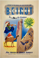 Original vintage BEIRUT LEBANON BY CLIPPER - PAN AM - PAN AMERICAN WORLD AIRWAYS linen backed travel and Middle East tourism poster plakat affiche circa 1951.