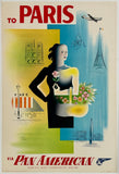Original Vintage To Paris Via Pan Am - World's Most Experience Airline linen backed Pan airline travel and tourism poster plakat affiche by French artist Jean Carlu, circa 1954.