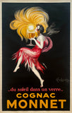 Original vintage COGNAC MONNET "sunshine in a glass" linen backed French food and liquor stone litho poster plakat affiche by master poster artist Leonetto Cappiello, circa 1927.