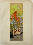 Vintage poster for 'Iris' with a stylized illustration of a woman and flowers on a beige background.