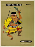 Vintage-style travel poster for New Zealand with a Maori warrior design, featuring Qantas and Teal branding.