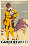 Vintage-style travel poster for Grindelwald, Switzerland featuring a skier in a yellow outfit.