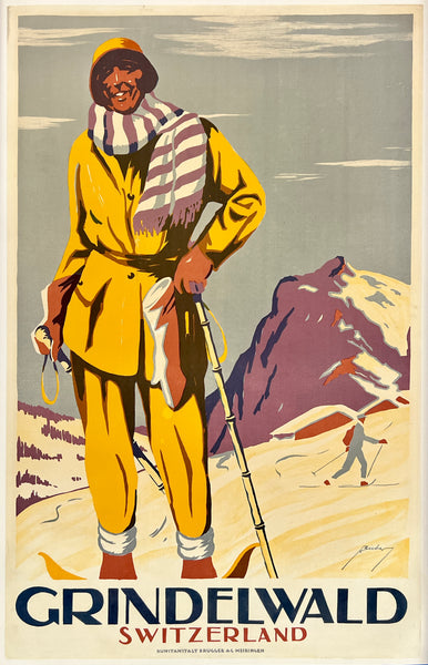 Vintage-style travel poster for Grindelwald, Switzerland featuring a skier in a yellow outfit.