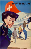 Beautiful authentic original vintage Swissair linen backed aviation airline travel and tourism poster plakat affiche by artist Hans Looser, circa 1953.