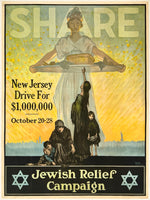Vintage poster for a Jewish Relief Campaign with a woman holding a scale and people seeking help.