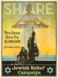 Vintage poster for a Jewish Relief Campaign with a woman holding a scale and people seeking help.