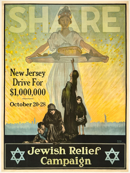 Vintage poster for a Jewish Relief Campaign with a woman holding a scale and people seeking help.