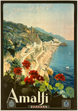 Vintage-style poster of Amalfi coast with scenic view and flowers.