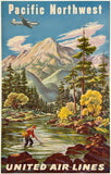 Rare authentic original vintage Pacific Northwest United Air Lines linen backed UAL airline travel and American tourism poster plakat affiche by artist Joseph Feher, circa 1950s.