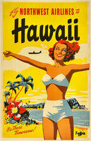 Extremely rare and authentic original vintage FLY NORTHWEST AIRLINES TO HAWAII - BE THERE TOMORROW! linen backed airline travel and tourism poster plakat affiche circa 1960s.