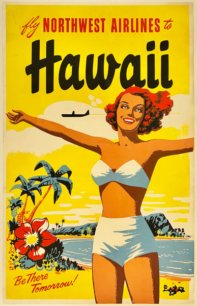 Extremely rare and authentic original vintage FLY NORTHWEST AIRLINES TO HAWAII - BE THERE TOMORROW! linen backed airline travel and tourism poster plakat affiche circa 1960s.