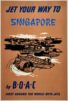 Rare authentic original vintage JET YOUR WAY TO SINGAPORE BY B.O.A.C. British Overseas Airways Corporation linen backed travel and tourism poster plakat affiche circa 1957.