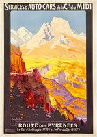 Rare authentic original vintage ROUTE DES PYRÉNÉES linen backed French auto automobile art deco affiche plakat poster by artist Roger Soubie circa 1914.