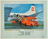 A vintage-style poster or print showing an orange post office truck loading mail onto a large aircraft at an airport, with the headline 'KEEPING IN TOUCH The Post Office at the Airport' and supporting statistics below.