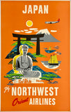 Vintage-style travel poster for Northwest Orient Airlines featuring Japan with a Buddha statue, Mount Fuji, and a ship.