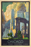 Rare iconic authentic original vintage CHICAGO - NEW YORK CENTRAL LINES linen backed American railway travel and tourism art deco railroad poster by artist Leslie Ragan, circa 1929.