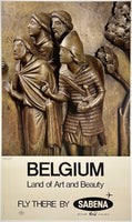 Rare original vintage BELGIUM LAND OF ART AND BEAUTY - FLY THERE BY SABENA - LIEGE Detail from the Font by Renier de Huy St. Bartholomew's Church linen backed travel and tourism poster plakat affiche circa 1970.