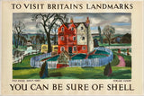 Vintage-style advertisement for Shell featuring a scenic landscape with houses and text about visiting Britain's landmarks.