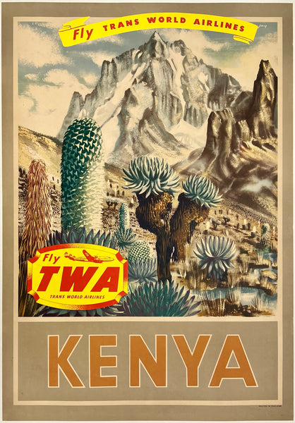 Very rare authentic original vintage FLY TWA - KENYA Trans World Airlines aviation travel and tourism poster plakat affiche by artist Peter Jay circa 1950s.
