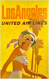 Authentic original vintage Los Angeles United Air Lines linen backed UAL airline travel and tourism poster by artist Stan Galli, circa 1960. Galli was the illustrator of aviation travel posters for many United Airlines domestic destinations.