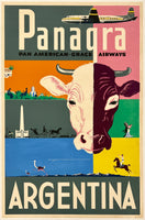 Panagra Pan American Grace Airways poster featuring a cow and travel elements, with 'Argentina' text.