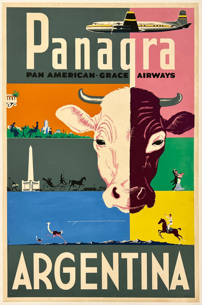 Panagra Pan American Grace Airways poster featuring a cow and travel elements, with 'Argentina' text.