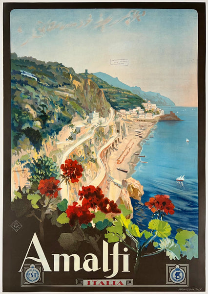 Vintage-style poster of Amalfi Coast with scenic view and flowers.