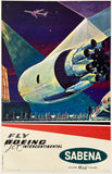 Vintage-style advertisement poster for Boeing Jet Intercontinental featuring a futuristic airplane and Sabena branding.