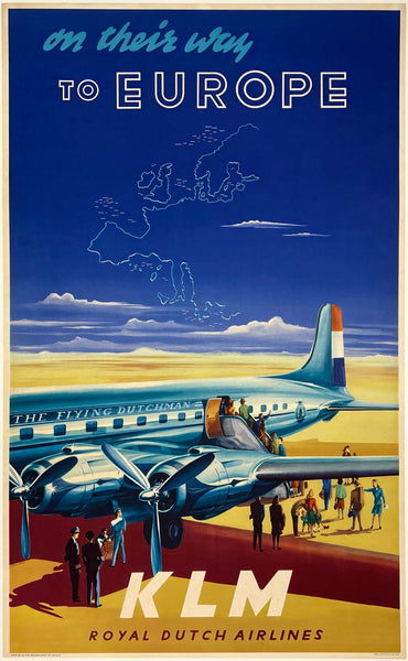 Rare authentic original vintage KLM ROYAL DUTCH AIRLINES - ON THEIR WAY TO EUROPE airline travel and tourism poster plakat affiche circa 1950s.